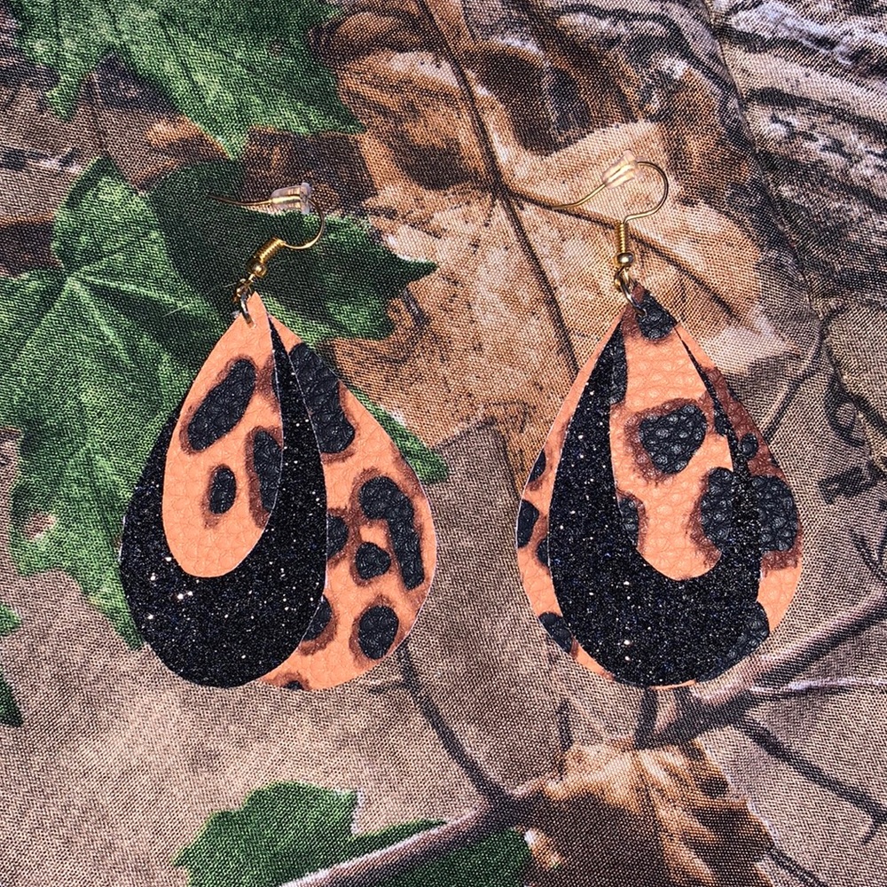 Black Glitter And Leopard Print Earrings